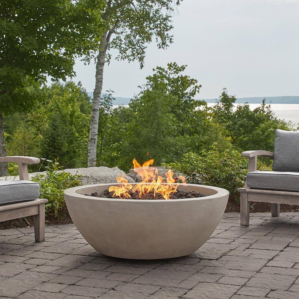 Pompton 42 In. round Concrete Composite Propane Fire Pit in Fog with Vinyl Cover - The Vitality Estate