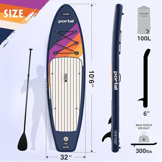 PORTAL SUP Inflatable Paddle Board for Adults 10'6'' Stand Up Paddleboard,Non-Slip Deck Blow up Paddle Boards with Adjustable Paddle, Carry Bag, and Repair Kit - The Vitality Estate