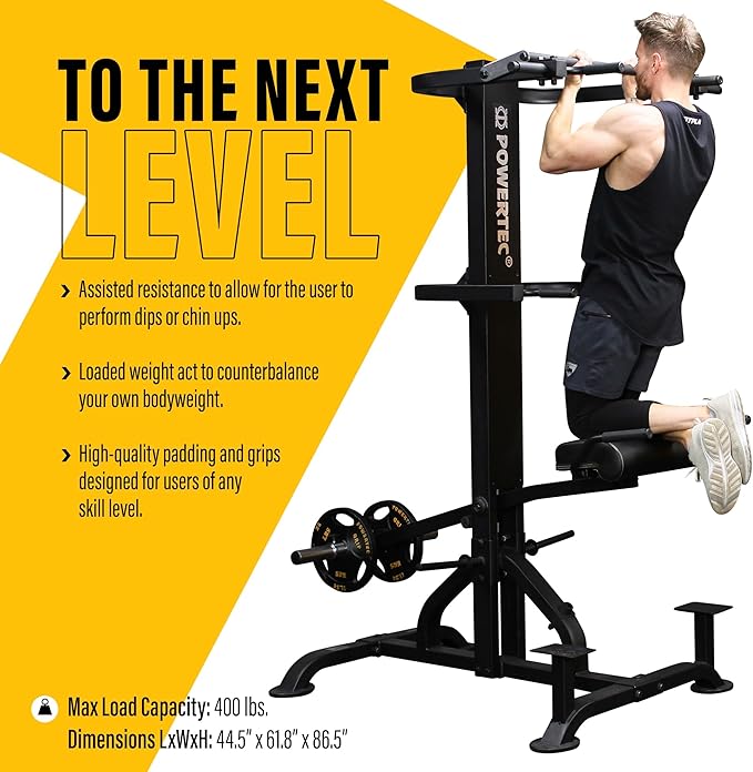 PowerTec Levergym Assisted Chin Up Bar and Dip Station, 400 lbs Max Load - Pullup Bar and Home Gym Equipment with Loaded Weights for Resistance Assist - Workout Equipment for Home Workouts - The Vitality Estate