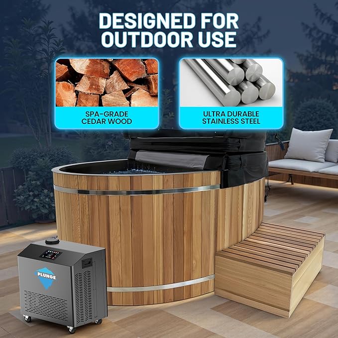 Premium 62-in. Cedar Wood Cold Plunge and Hot Tub with 1HP Chiller and Heater | Stainless Steel Tub with Wooden Step, Foldable Cover, Headrest, and WiFi App Control Chiller for Indoor/Outdoor Use - The Vitality Estate