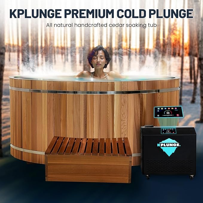 Premium 62-in. Cedar Wood Cold Plunge and Hot Tub with 1HP Chiller and Heater | Stainless Steel Tub with Wooden Step, Foldable Cover, Headrest, and WiFi App Control Chiller for Indoor/Outdoor Use - The Vitality Estate