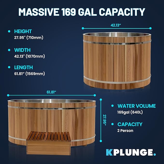 Premium 62-in. Cedar Wood Cold Plunge and Hot Tub with 1HP Chiller and Heater | Stainless Steel Tub with Wooden Step, Foldable Cover, Headrest, and WiFi App Control Chiller for Indoor/Outdoor Use - The Vitality Estate
