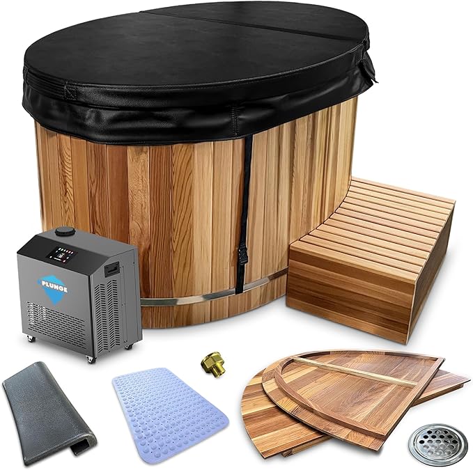 Premium 62-in. Cedar Wood Cold Plunge and Hot Tub with 1HP Chiller and Heater | Stainless Steel Tub with Wooden Step, Foldable Cover, Headrest, and WiFi App Control Chiller for Indoor/Outdoor Use - The Vitality Estate
