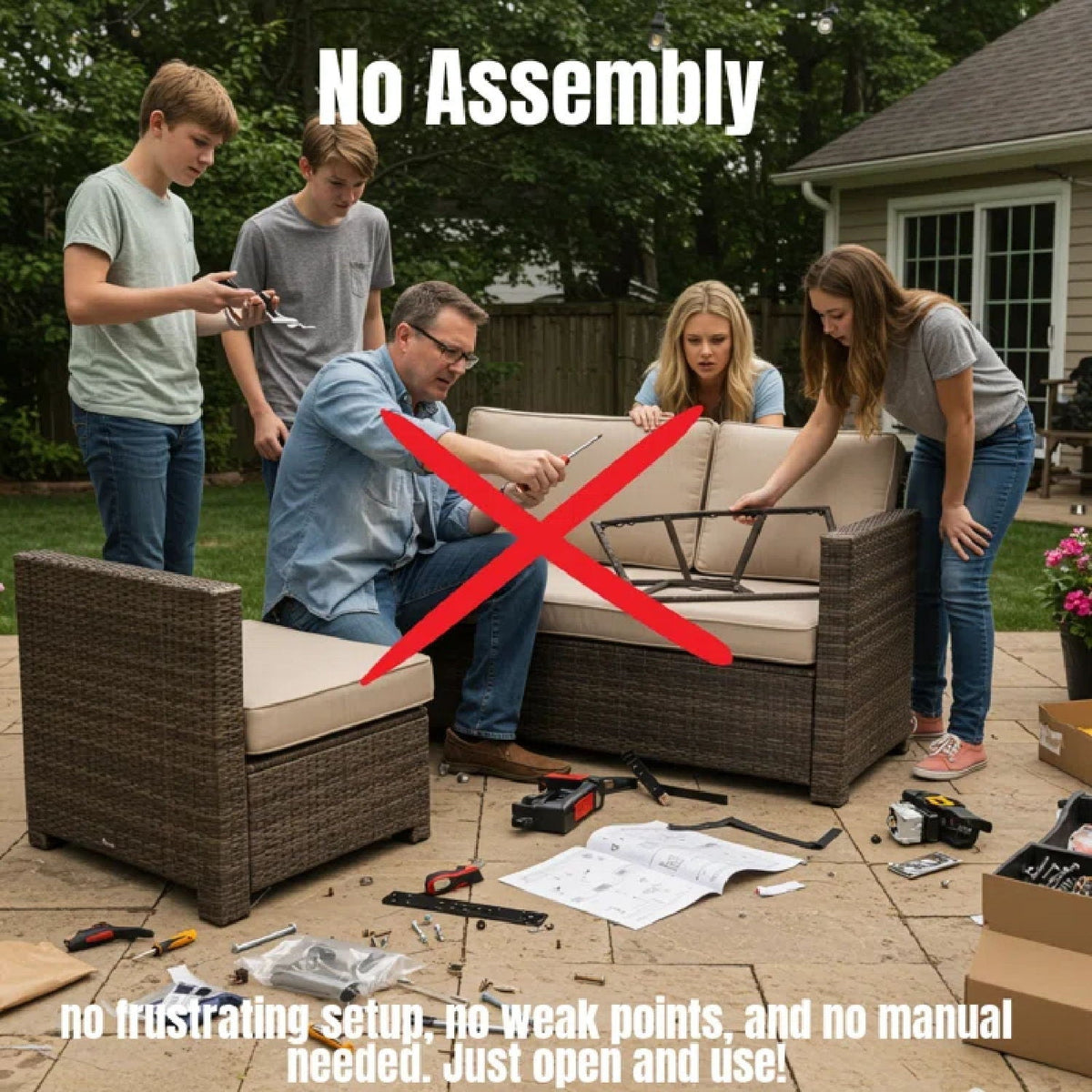Rattan Patio Set With Comfortable Cushions And Fire Pit - The Vitality Estate