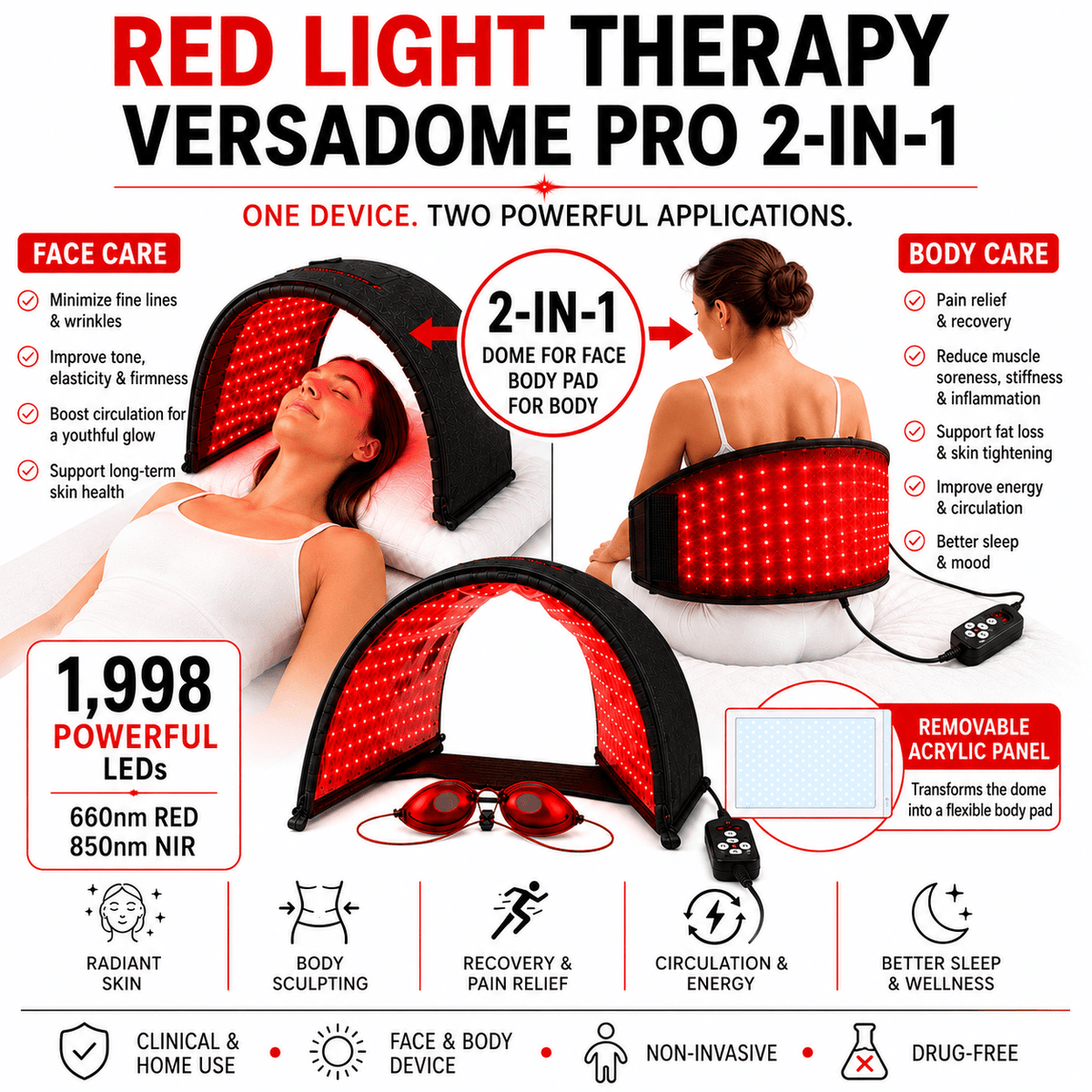 Red Light Therapy VersaDome Pro 2-in-1 – Face & Body Device with 1,998 LEDs - The Vitality Estate