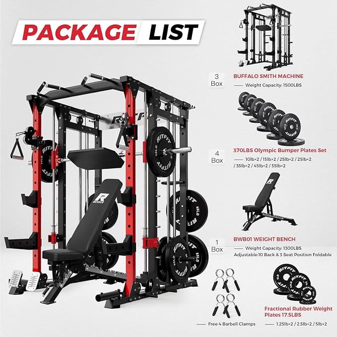 RitFit Smith Machine Power Cage with LAT Pulldown & Cable Crossover, All-in-One Power Rack Home Gym System with Leg Press Attachment & Accessories - The Vitality Estate