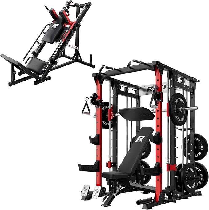 RitFit Smith Machine Power Cage with LAT Pulldown & Cable Crossover, All-in-One Power Rack Home Gym System with Leg Press Attachment & Accessories - The Vitality Estate