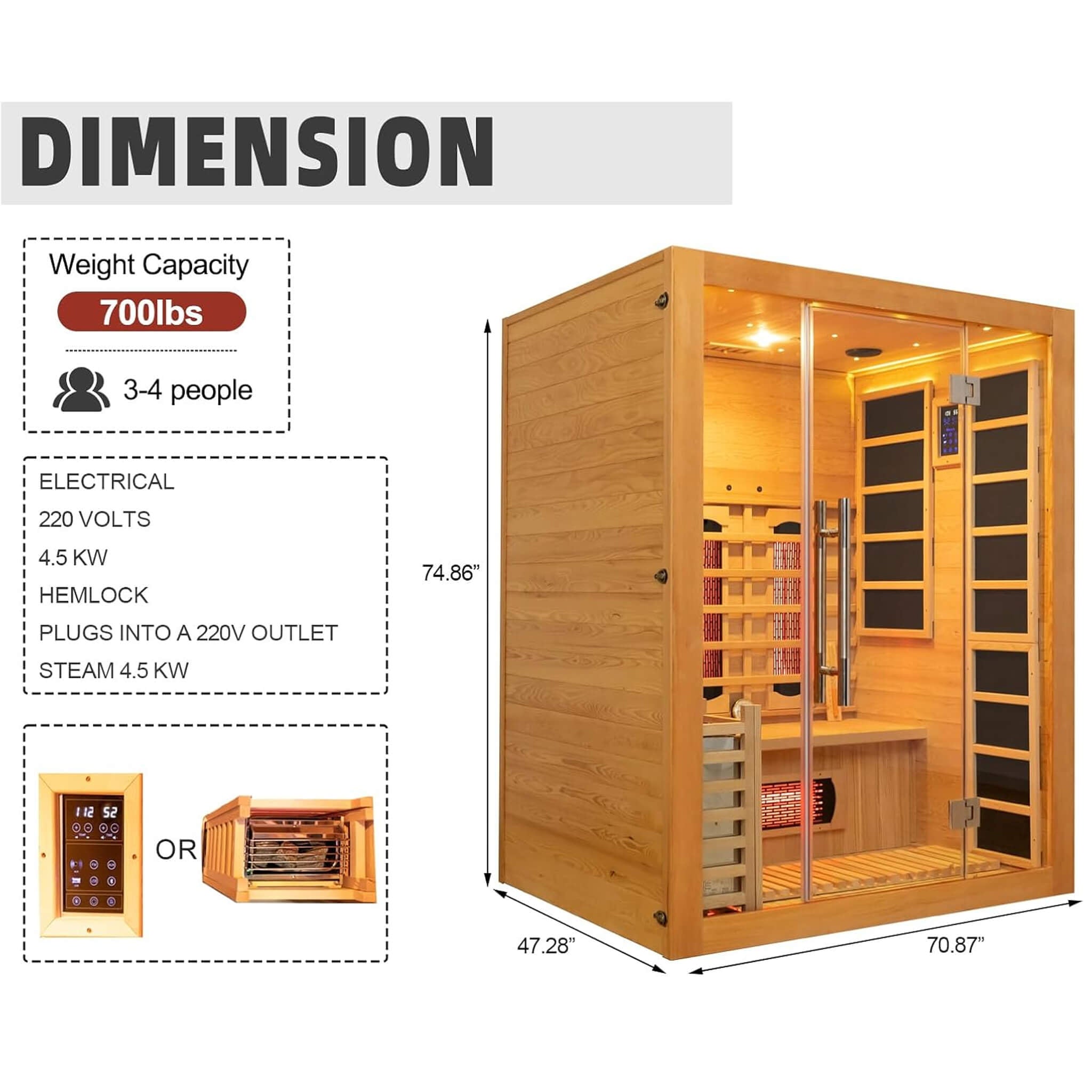 Rövia Aurora 3-Person Indoor Hybrid Sauna Room With Infrared And 4.5KW Steam Heater (SAK41592) - The Vitality Estate