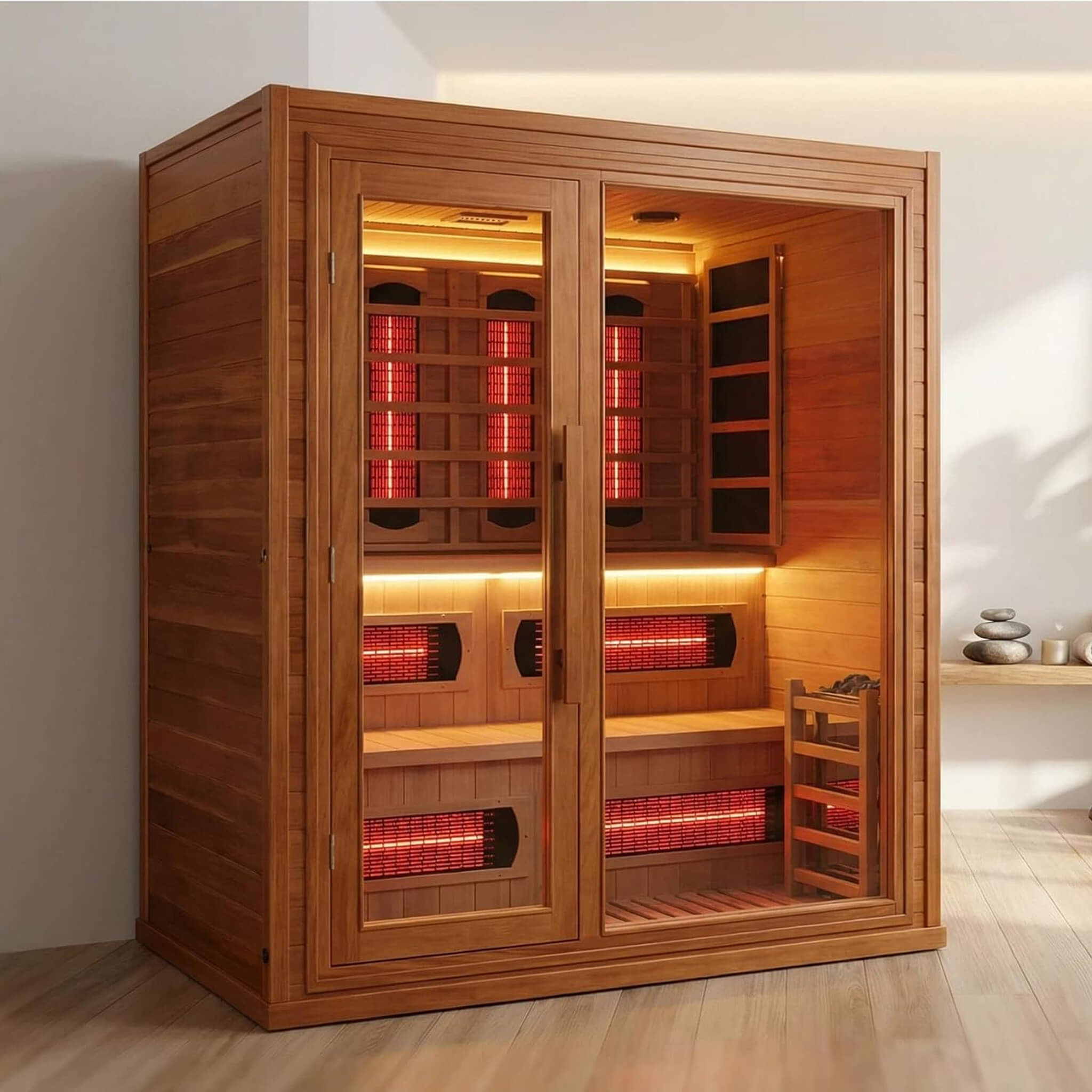 Rövia Elvaria 4-Person Indoor Canadian Red Cedar Infrared And Steam Sauna With 6KW Harvia Heater [Made-To-Order] (SAK93528) - The Vitality Estate