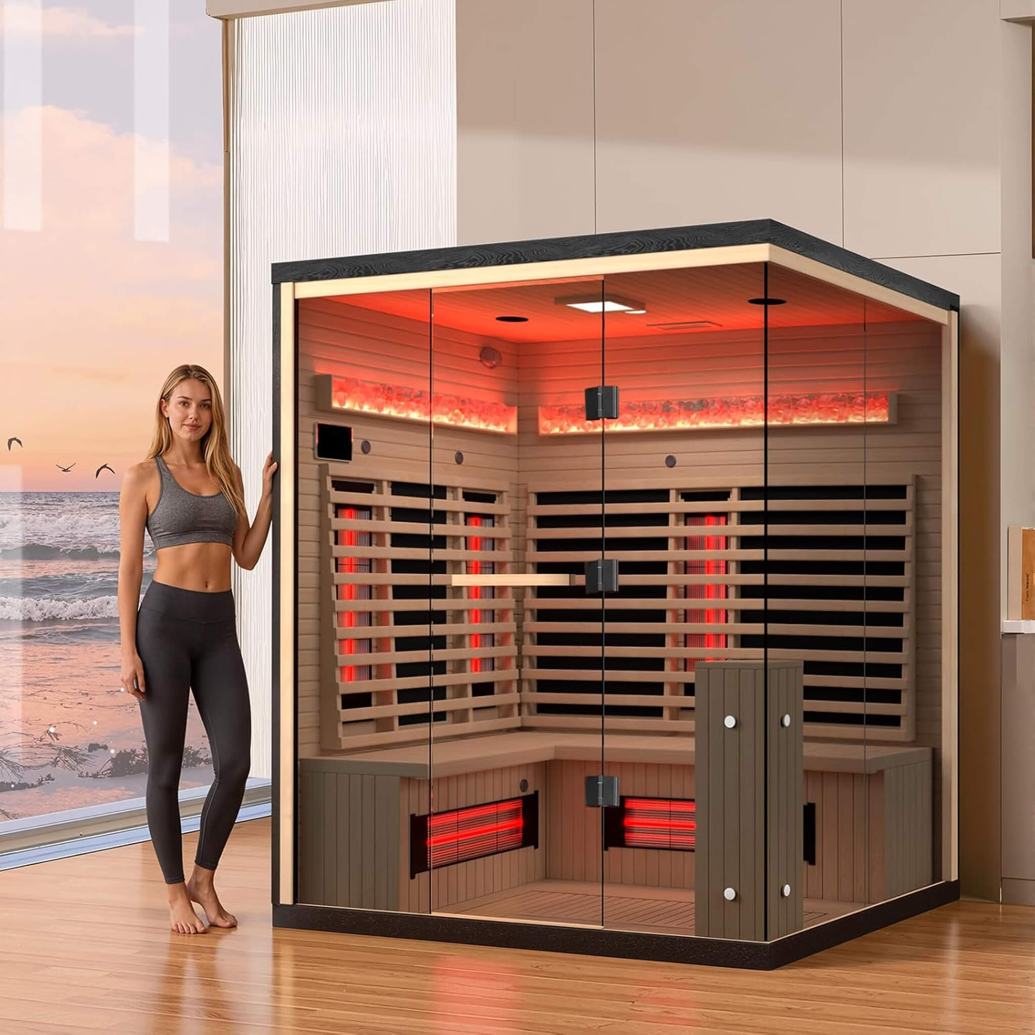 Rövia Ember 4-Person Full-Spectrum Infrared Sauna With Himalayan Salt Panels [Made-To-Order] (SAK80537) - The Vitality Estate