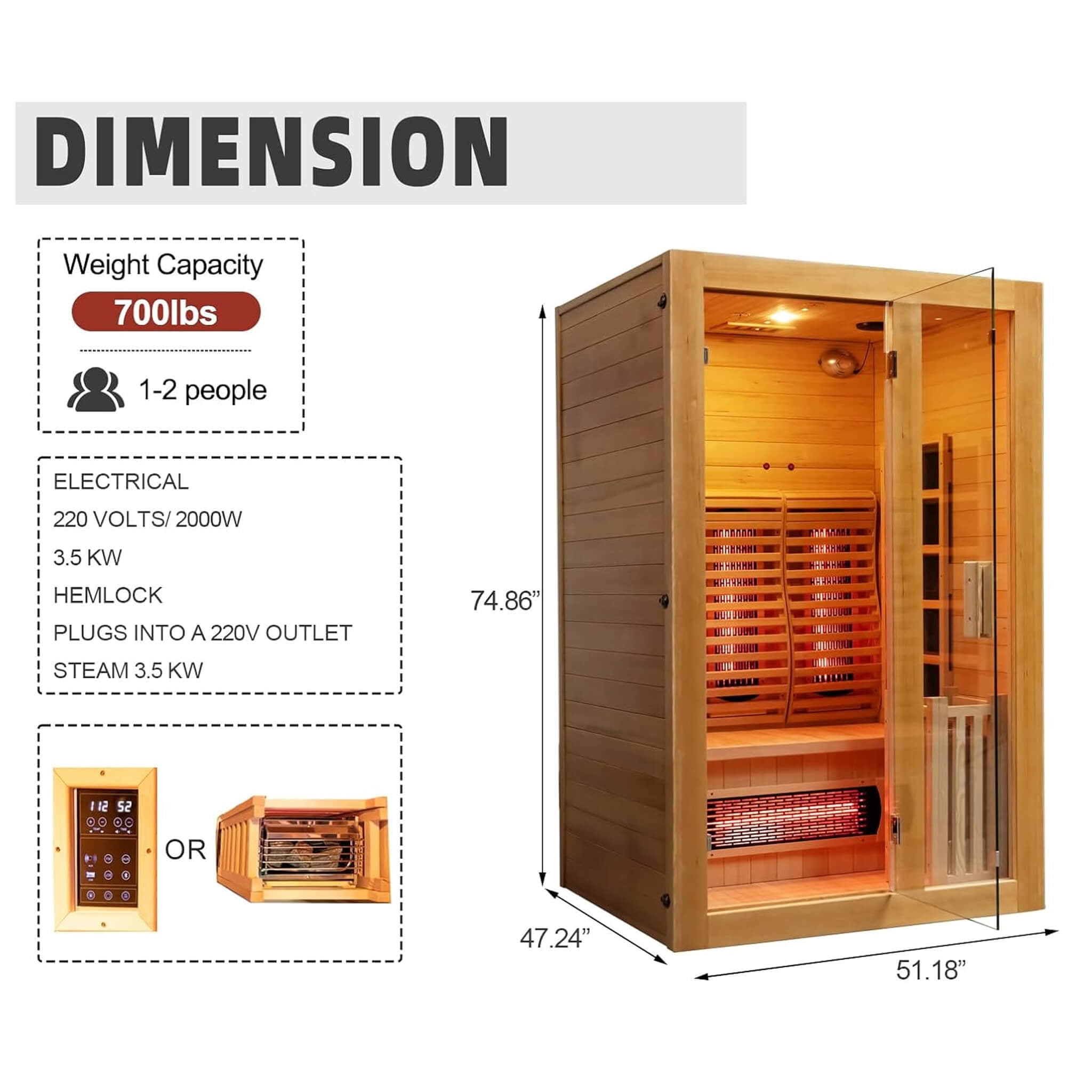 Rövia Luma 2-Person Indoor Hybrid Sauna Room With Infrared And 3.5KW Steam Heater (SAK83750) - The Vitality Estate