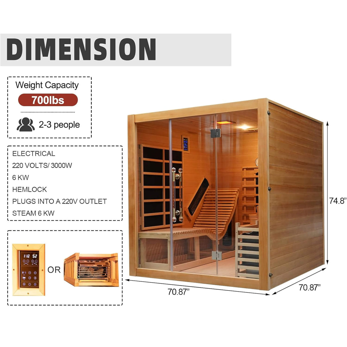 Rövia Oasis 3-Person Indoor Hybrid Sauna Room With Built-In Lounge Chair (SAK35182) - The Vitality Estate