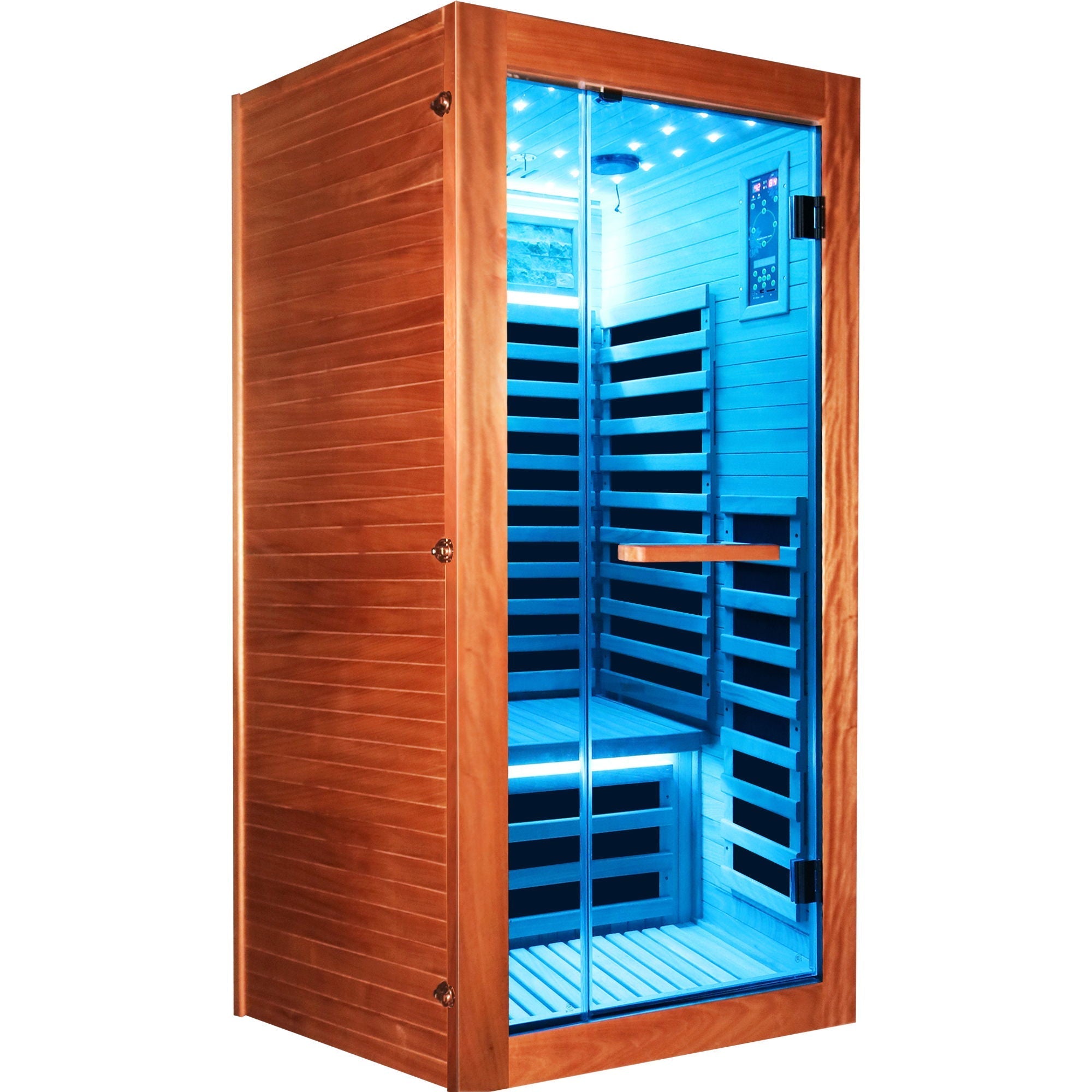 Single Person Sauna Room With LED Lighting, Epoxy Heating Plates, And Compact Design - American White Oak - The Vitality Estate