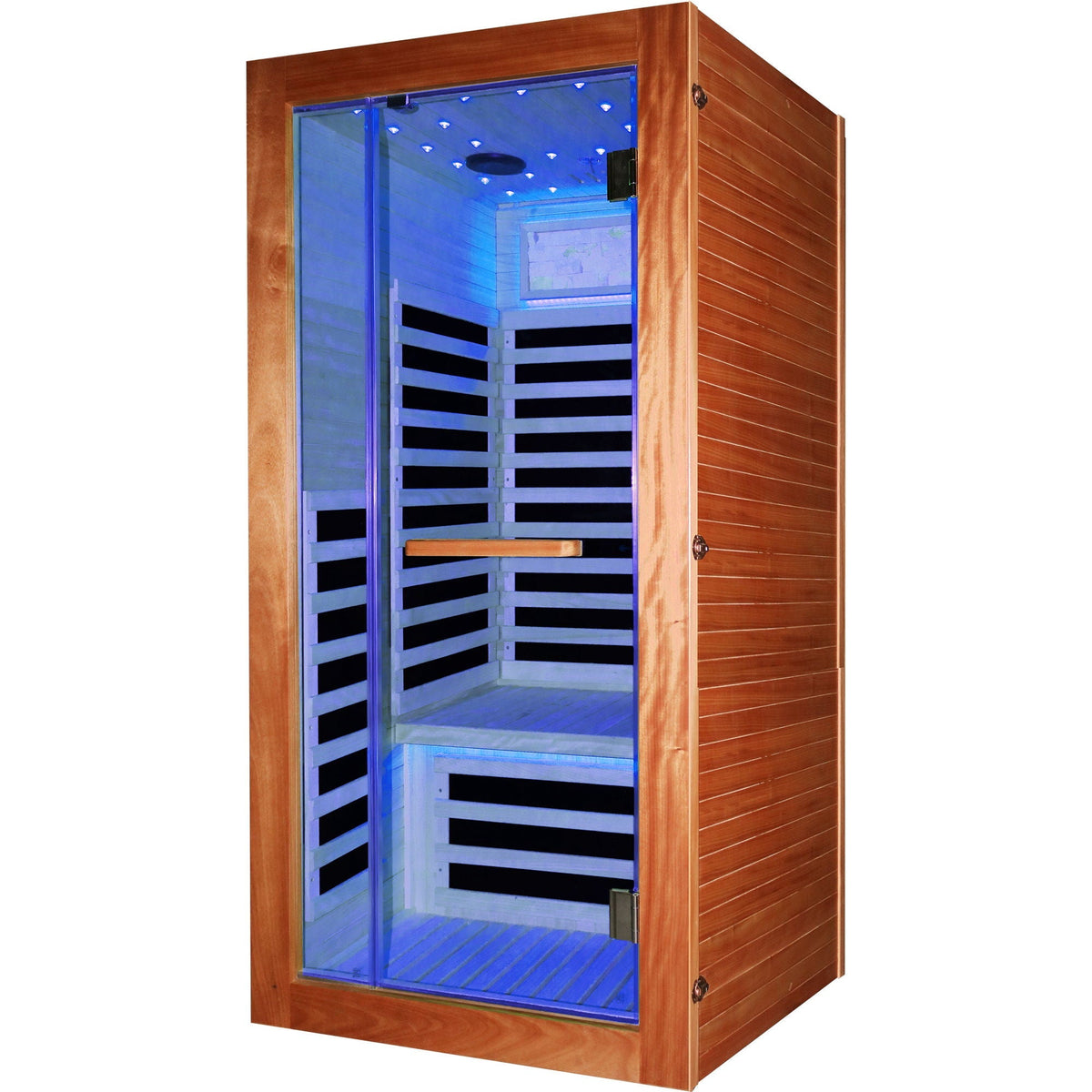 Single Person Sauna Room With LED Lighting, Epoxy Heating Plates, And Compact Design - American White Oak - The Vitality Estate