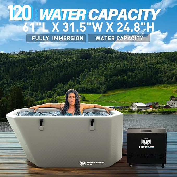 Slanted-Edge Cold Plunge Tub with 1 HP Chiller, Inflatable Ice Bath Tub with Hot & Cold Modes, Ozone, Smart WiFi, Dual Filters, Fast Cooling, 120 Gal, 61" L x 31.5" W x 24.8" H - The Vitality Estate