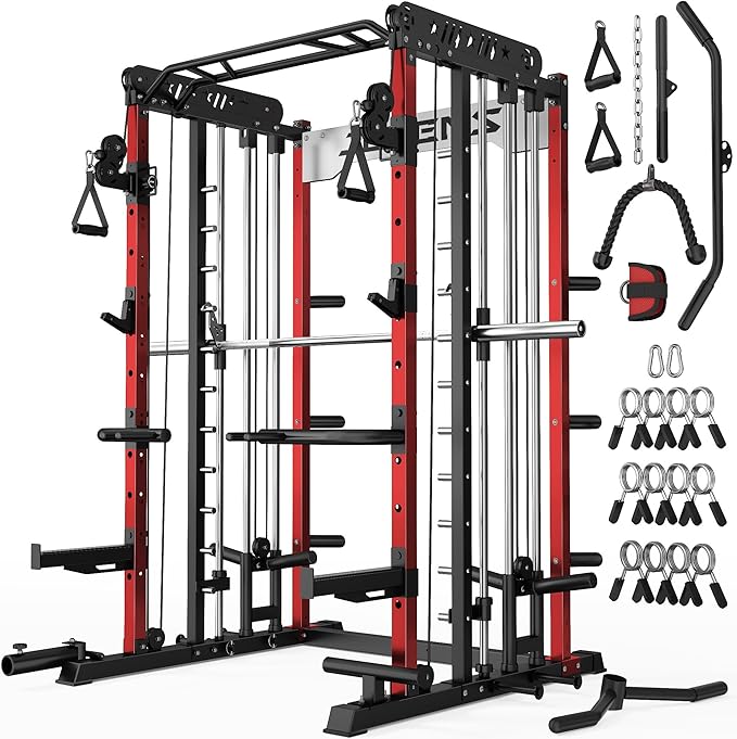 Smith Machine for Home Gym, Multi-Function M12 Power Cage with Cable Crossover System, Squat Rack with Smith Bar and More Attachment - The Vitality Estate