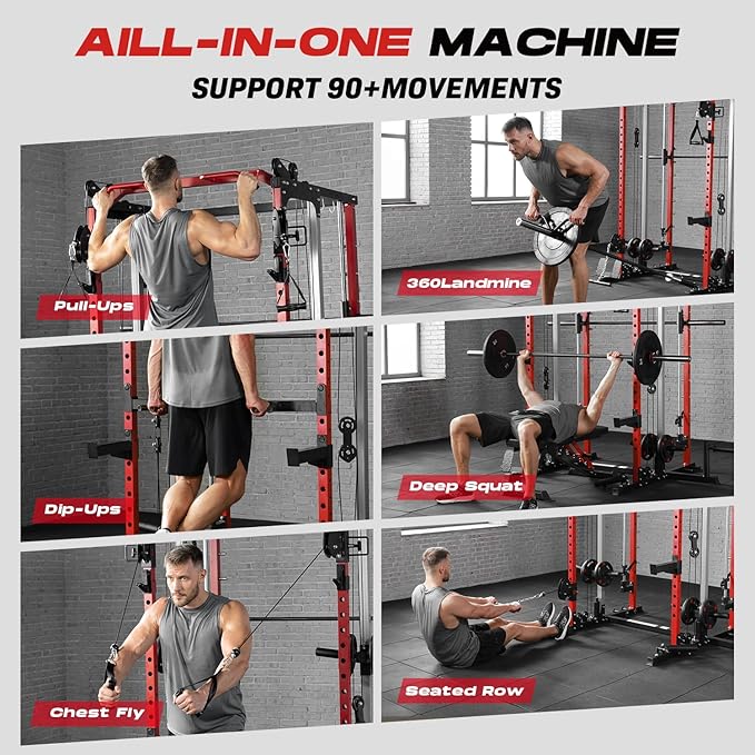 Smith Machine Home Gym, Multi-Function Power Cage with Dual Pulley Cable Crossover System, All-in-One Squat Rack with Smith Bar and Strength Training Attachments for Full-Body Workouts - The Vitality Estate