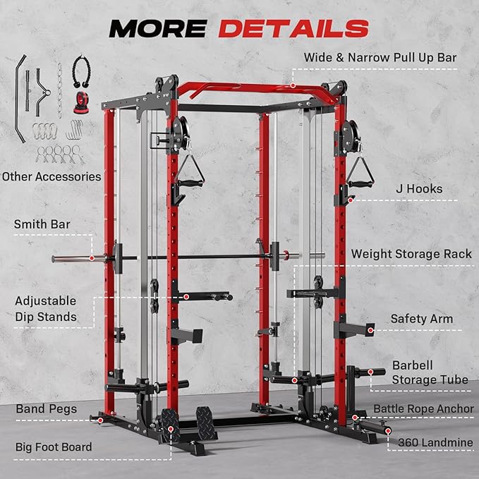 Smith Machine Home Gym, Multi-Function Power Cage with Dual Pulley Cable Crossover System, All-in-One Squat Rack with Smith Bar and Strength Training Attachments for Full-Body Workouts - The Vitality Estate
