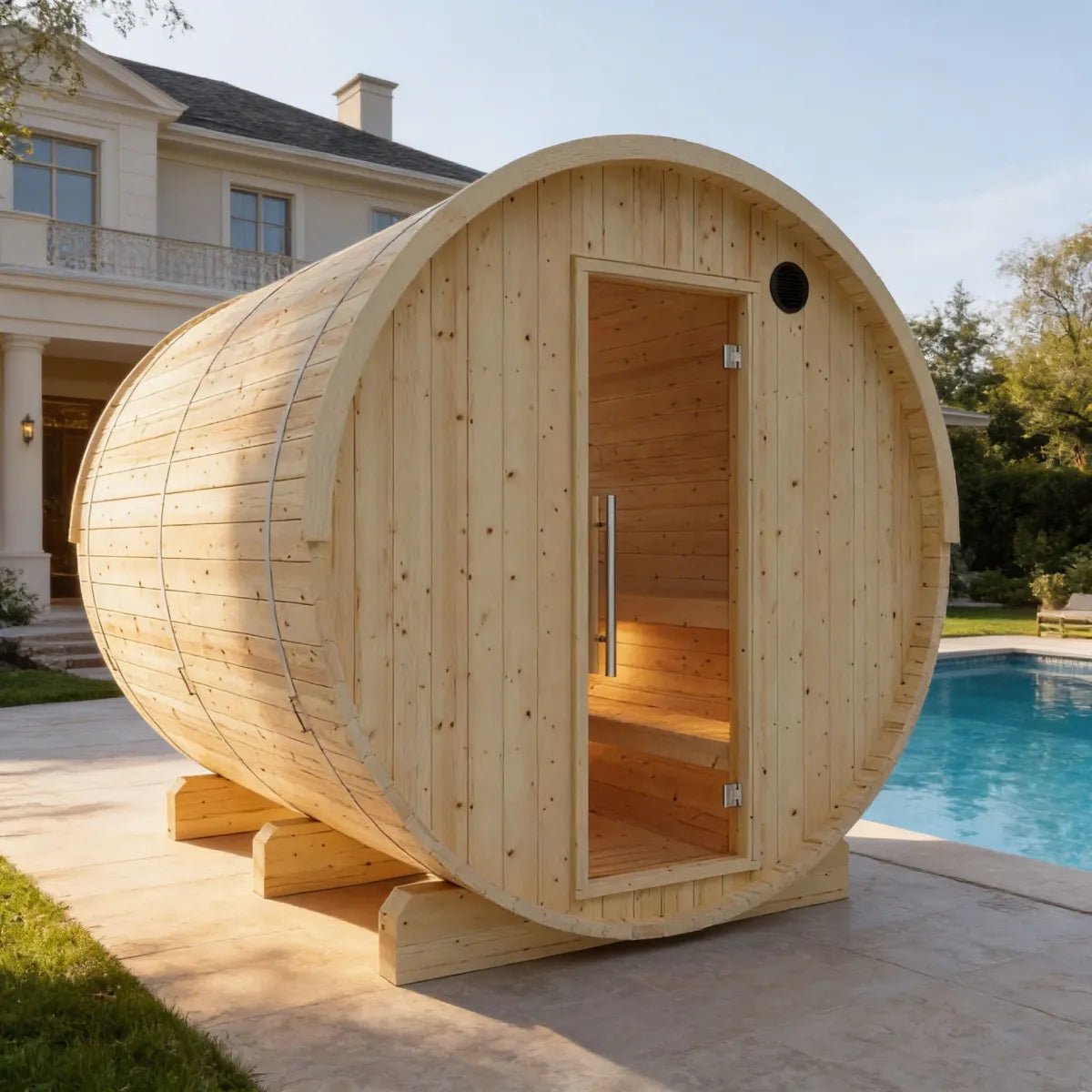Tampere Finnish Barrel Sauna with WiFi Heater - Finnish Sauna Builders - The Vitality Estate