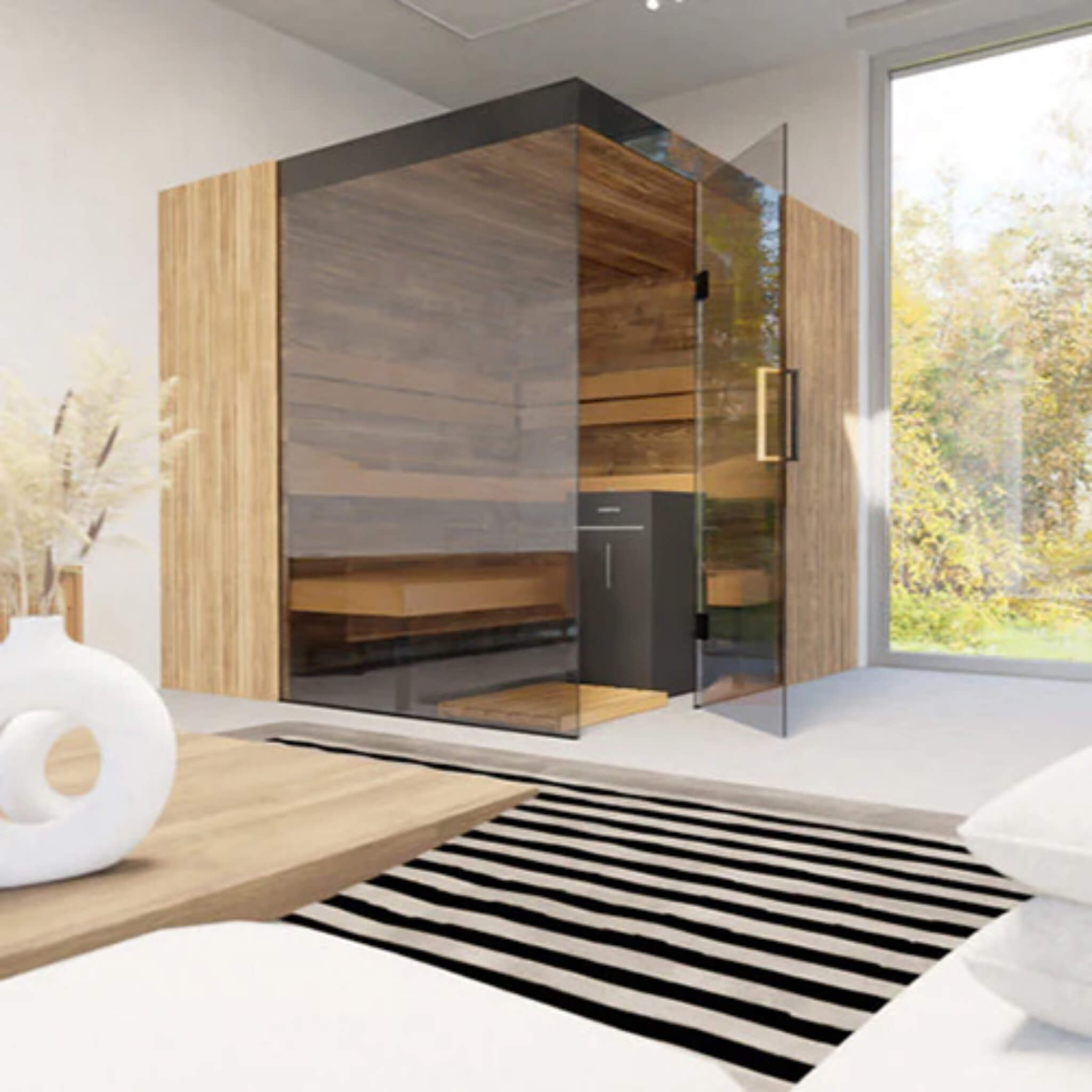 ThermaSol Aalto 4-Person Indoor Semi Panoramic Glass Sauna Cabin [Made-To-Order] [14-AALTODL\R] (SAK13285) - The Vitality Estate