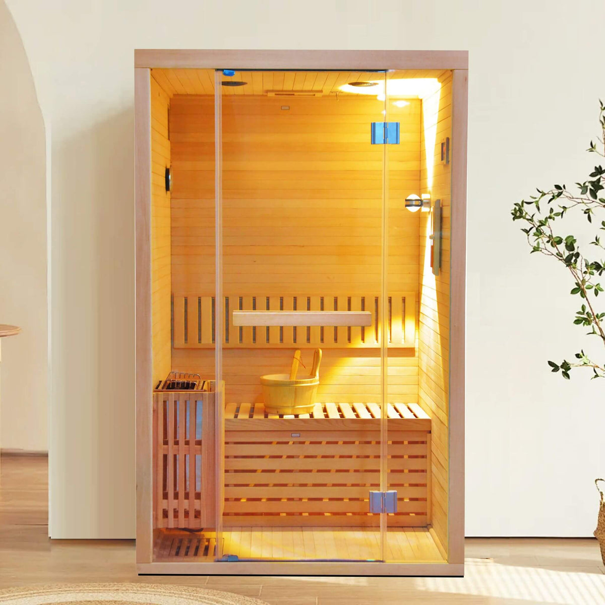 Thermora Alpine Premium 2-Person 3KW Hemlock Wood Sauna With LED Wall Light (SAK28471) - The Vitality Estate