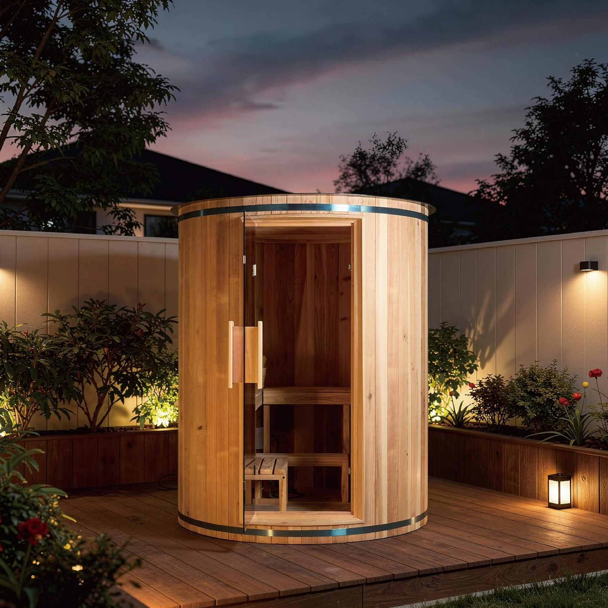 Thermora Barcelona Premium 78-Inch 4-Person Cedar Wood Outdoor Vertical Barrel Sauna With 6KW Heater, LED Lights And Stones (SAK74813) - The Vitality Estate
