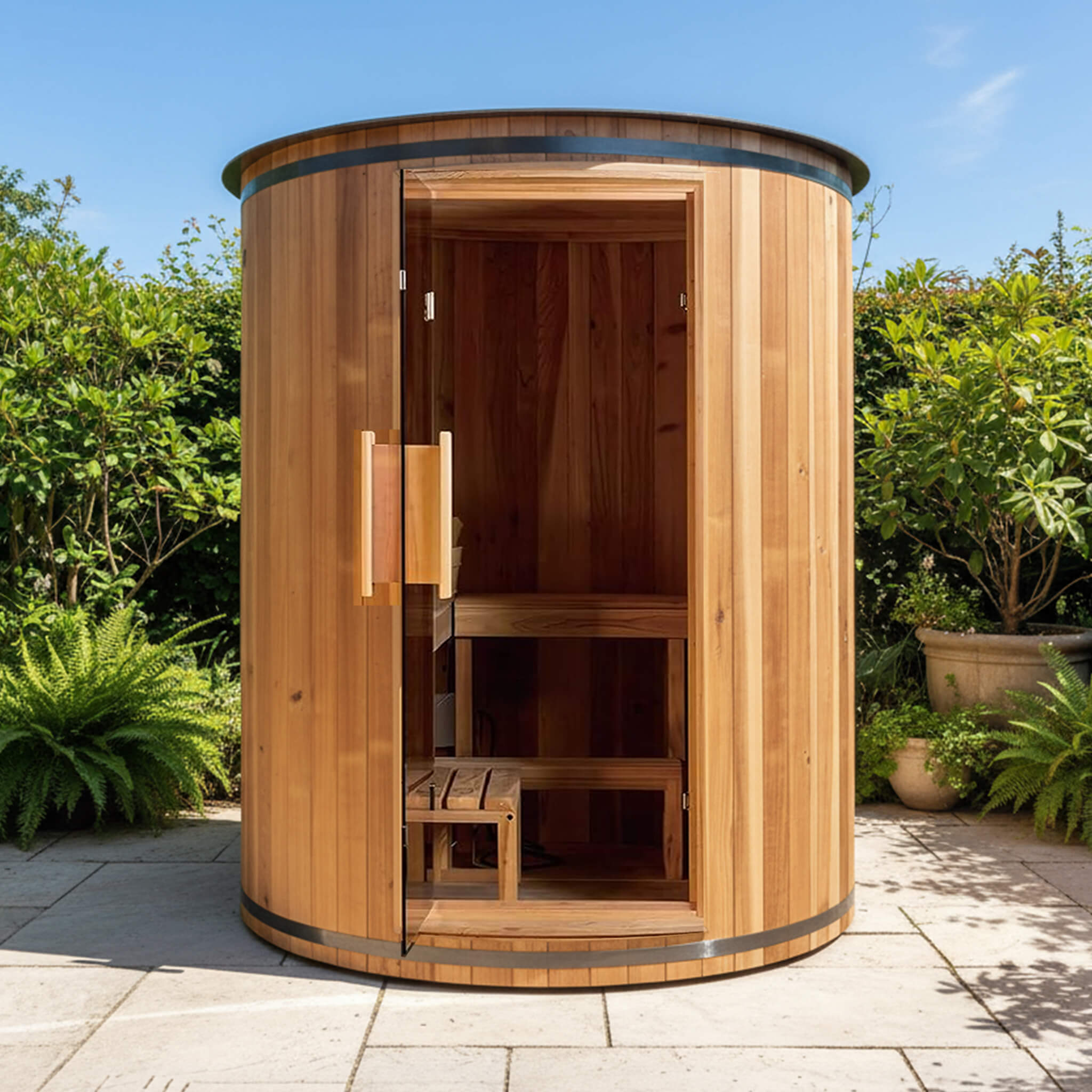 Thermora Barcelona Premium 78-Inch 4-Person Cedar Wood Outdoor Vertical Barrel Sauna With 6KW Heater, LED Lights And Stones (SAK74813) - The Vitality Estate