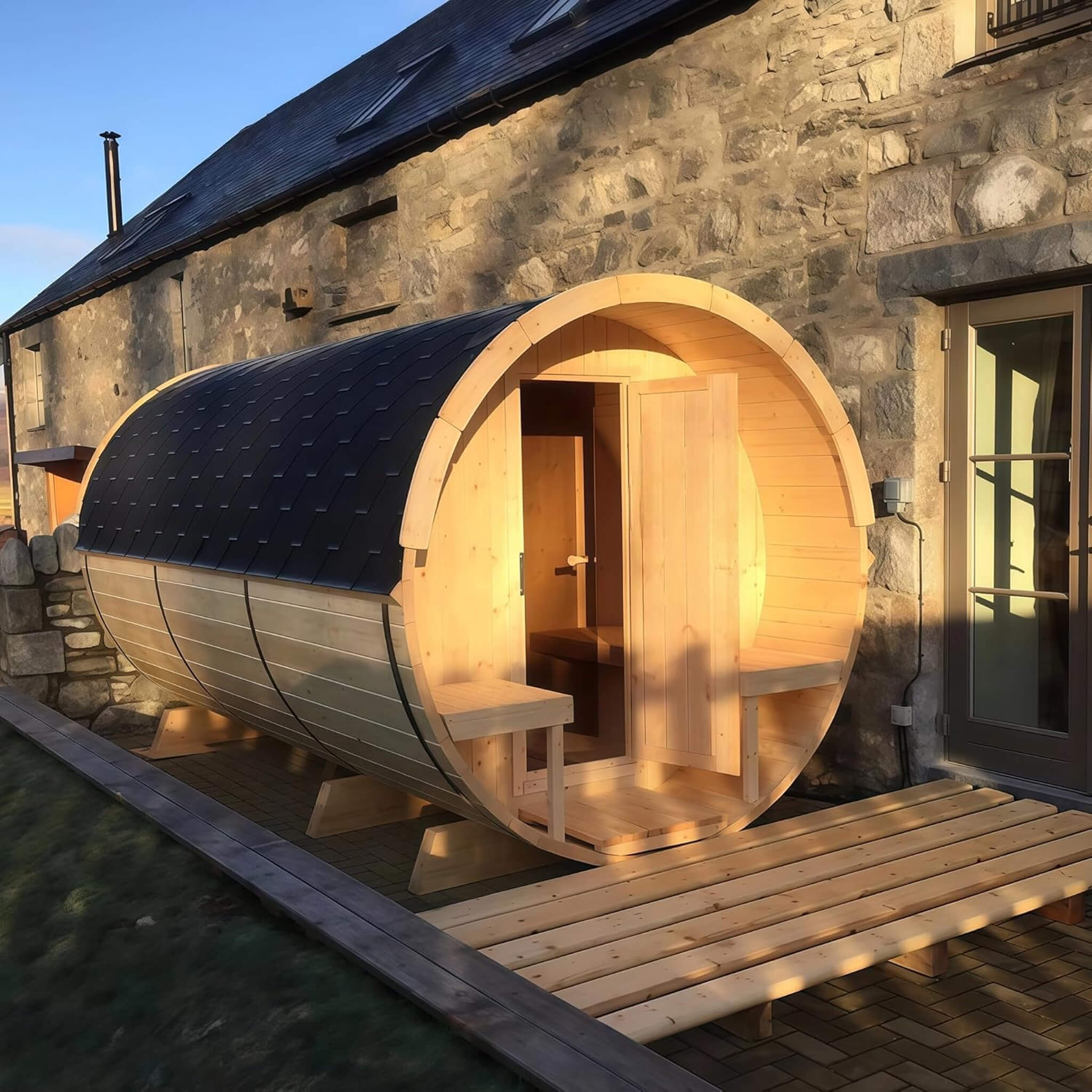 Thermora Haven Premium All-Weather Outdoor Pinewood Barrel Sauna Kit With 4.5KW Heater And Tempered Glass Window (SAK91462) - The Vitality Estate