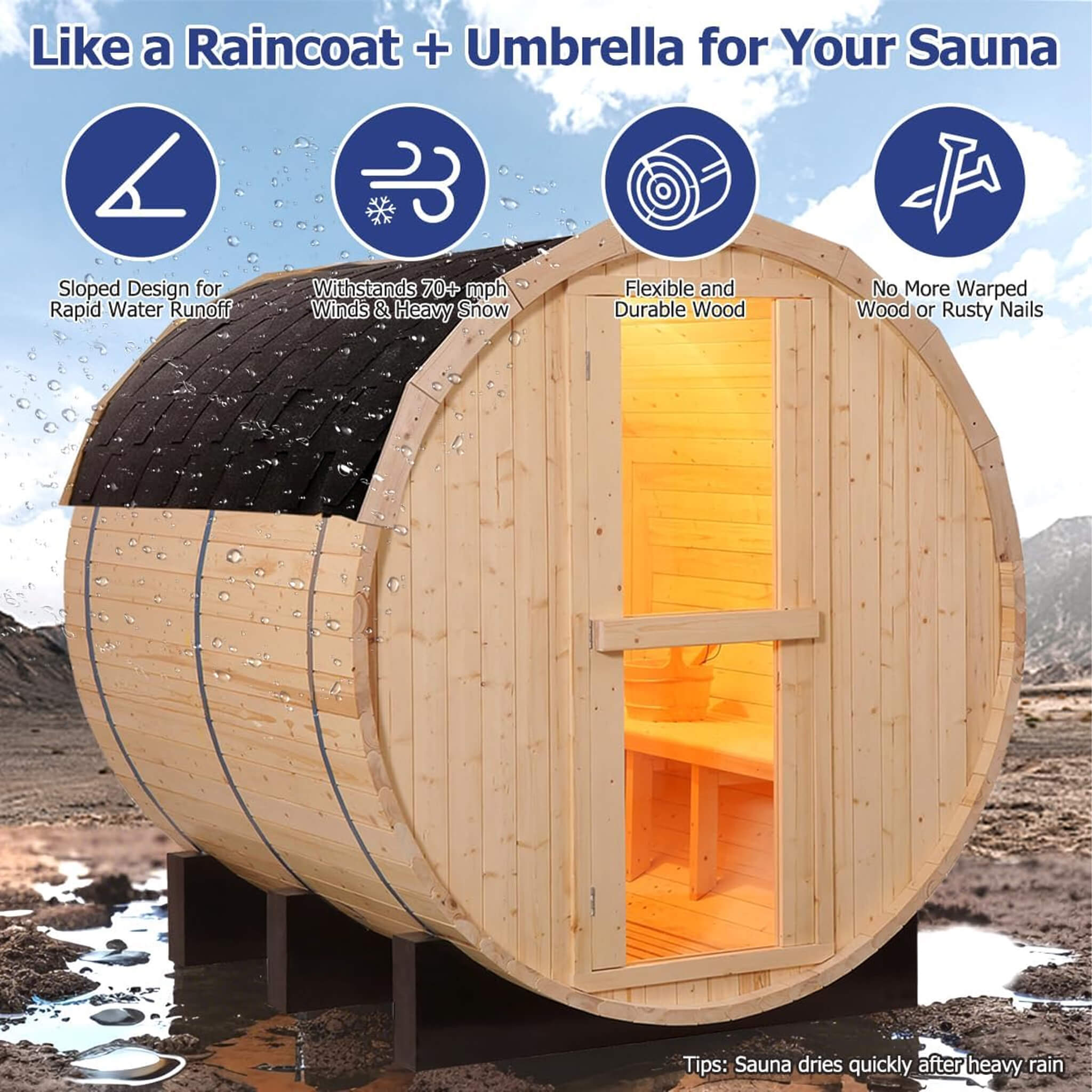 Thermora Haven Premium All-Weather Outdoor Pinewood Barrel Sauna Kit With 4.5KW Heater And Tempered Glass Window (SAK91462) - The Vitality Estate