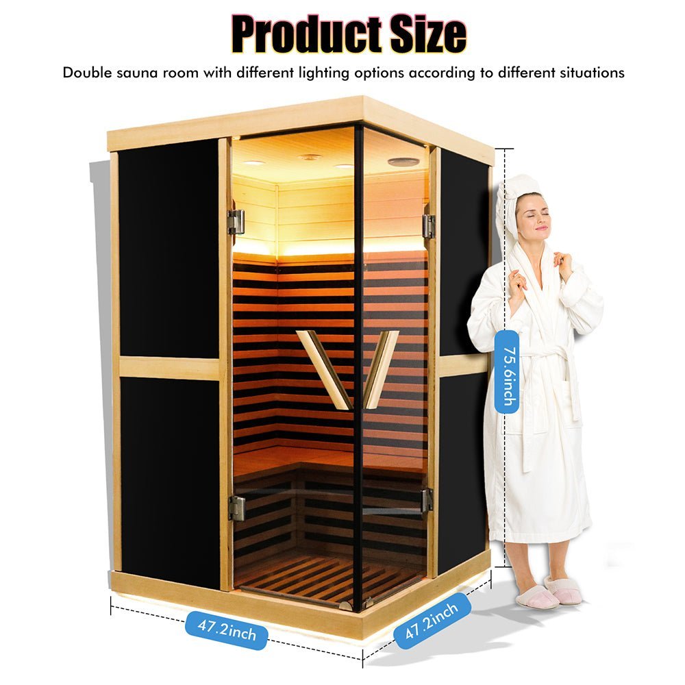 Thermora Helix Premium Large 2-Person V-Shaped FAR Infrared Sauna Room With Double Glass Doors, 1980W (SAK96413) - The Vitality Estate