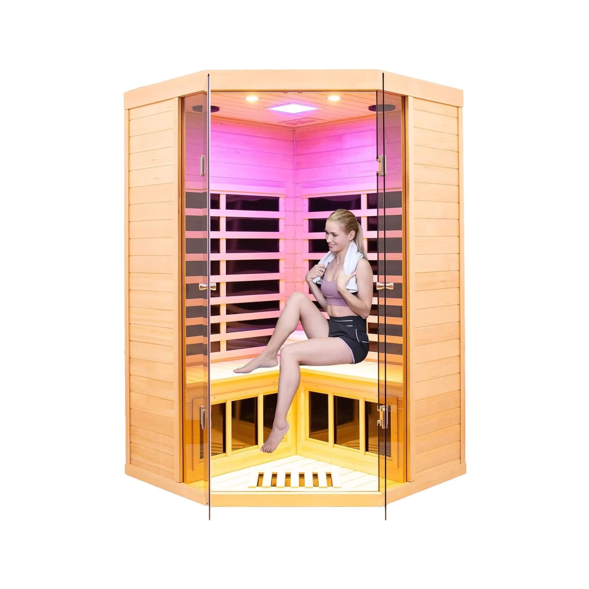 Thermora Laurent Premium 2-Person 1600W Corner Space Infrared Wooden Sauna Room With Bluetooth Speakers (SAK81524) - The Vitality Estate