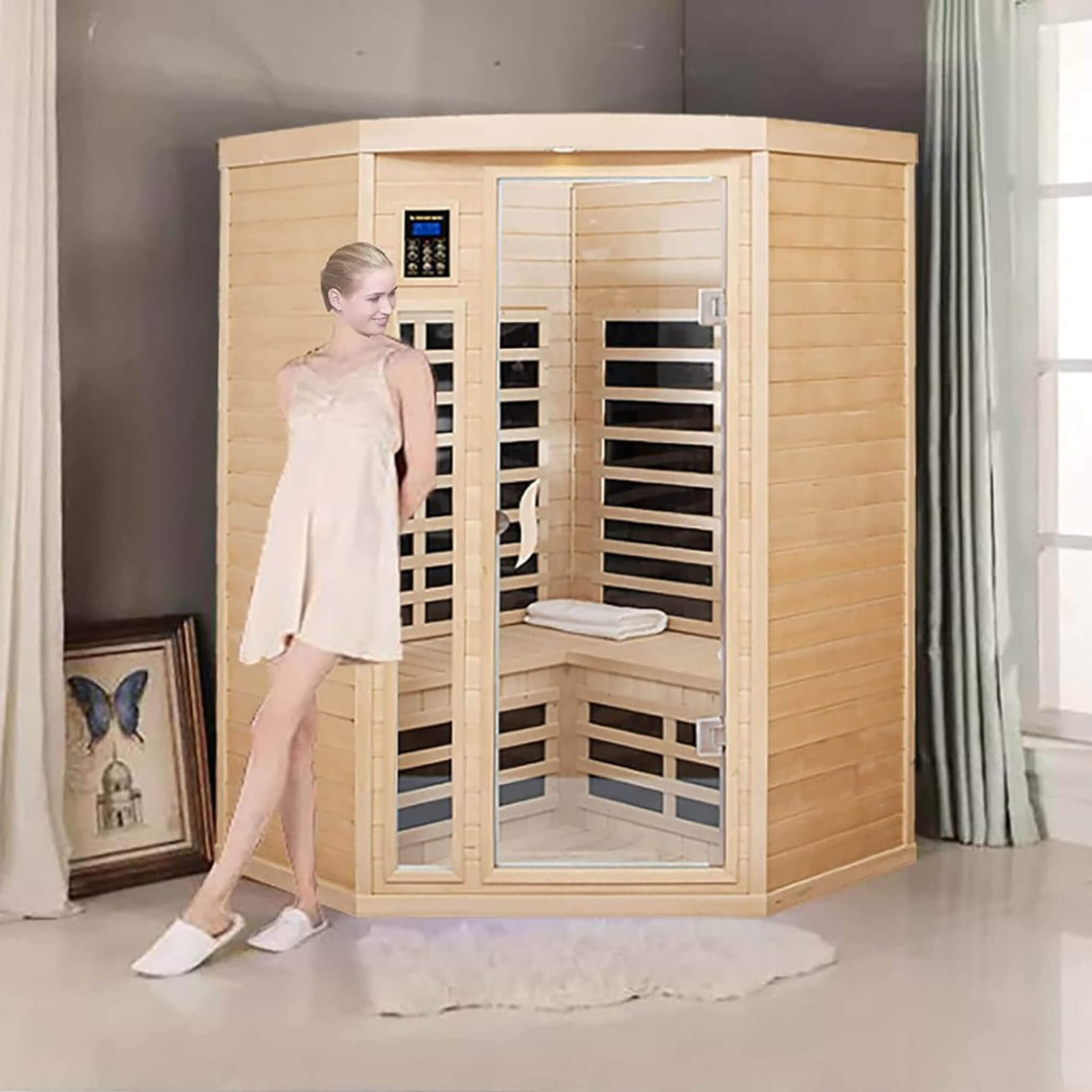 Thermora Laurent Premium 2-Person 1600W Corner Space Infrared Wooden Sauna Room With Bluetooth Speakers (SAK81524) - The Vitality Estate