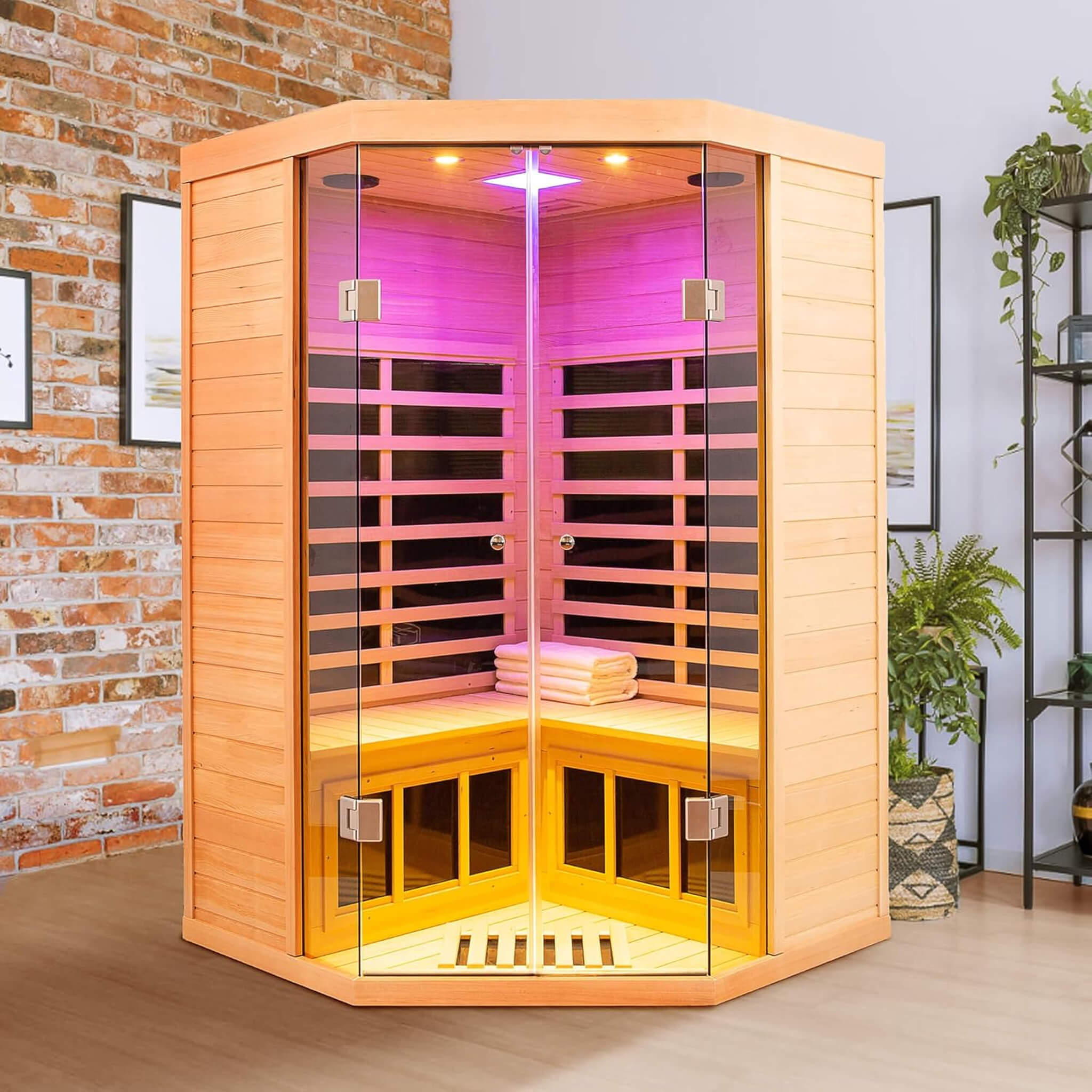 Thermora Laurent Premium 2-Person 1600W Corner Space Infrared Wooden Sauna Room With Bluetooth Speakers (SAK81524) - The Vitality Estate