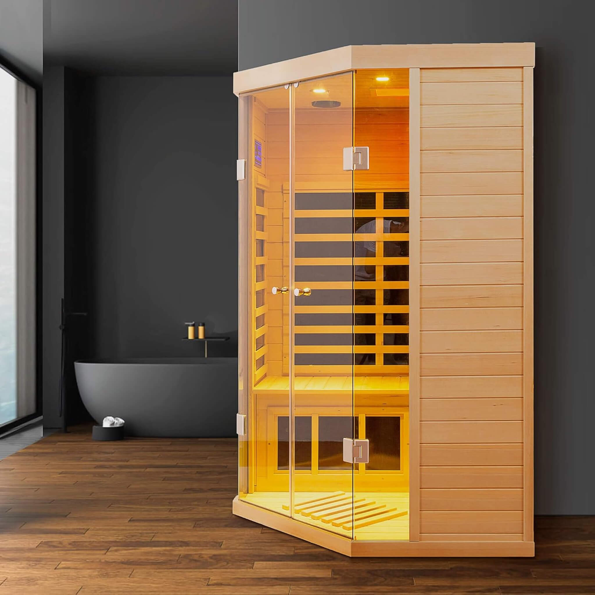Thermora Laurent Premium 2-Person 1600W Corner Space Infrared Wooden Sauna Room With Bluetooth Speakers (SAK81524) - The Vitality Estate