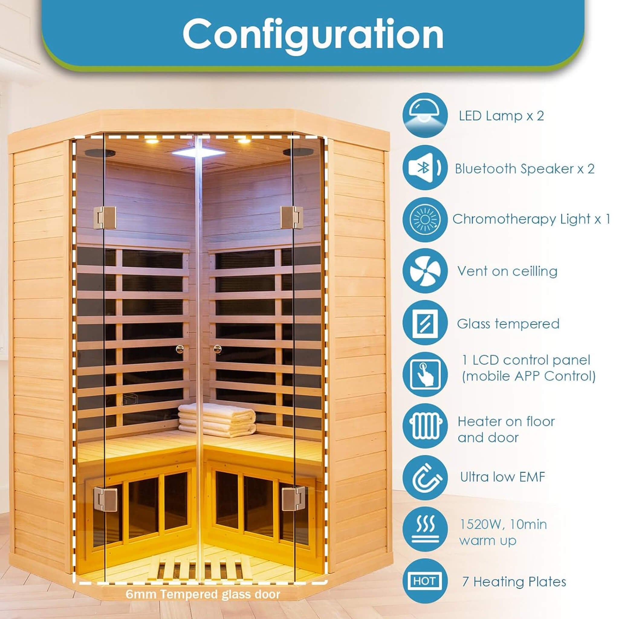 Thermora Laurent Premium 2-Person 1600W Corner Space Infrared Wooden Sauna Room With Bluetooth Speakers (SAK81524) - The Vitality Estate