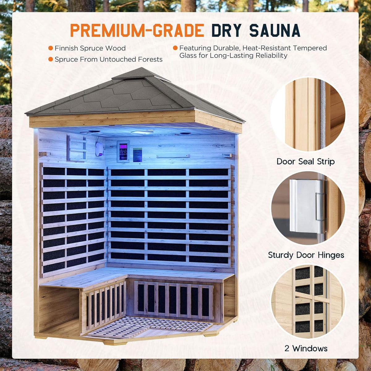 Thermora Monaco 4-Person Low EMF Spruce Wood Outdoor Infrared Sauna With Bluetooth Speakers And LED Lights (SAK16270) - The Vitality Estate