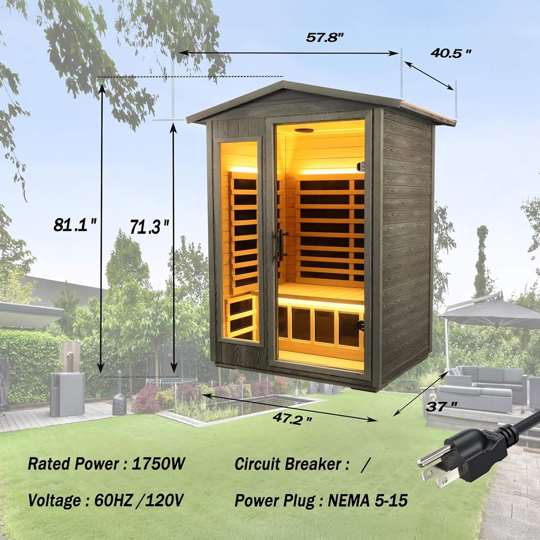 Thermora Riva Premium 2-Person Black Carbonized Walnut Low EMF Far Infrared Outdoor Sauna With Bluetooth Audio And LED Lighting (SAK16850) - The Vitality Estate