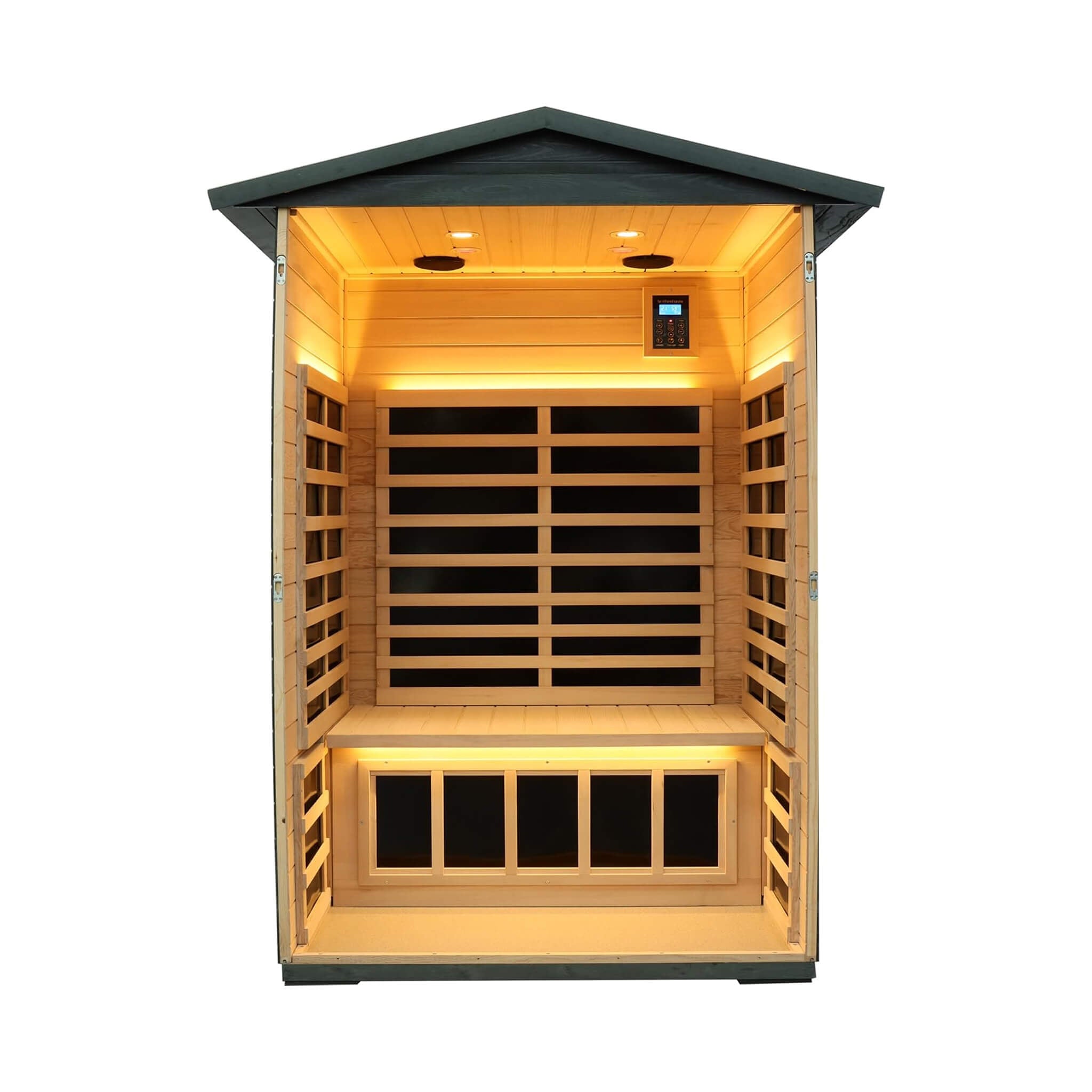Thermora Riva Premium 2-Person Black Carbonized Walnut Low EMF Far Infrared Outdoor Sauna With Bluetooth Audio And LED Lighting (SAK16850) - The Vitality Estate