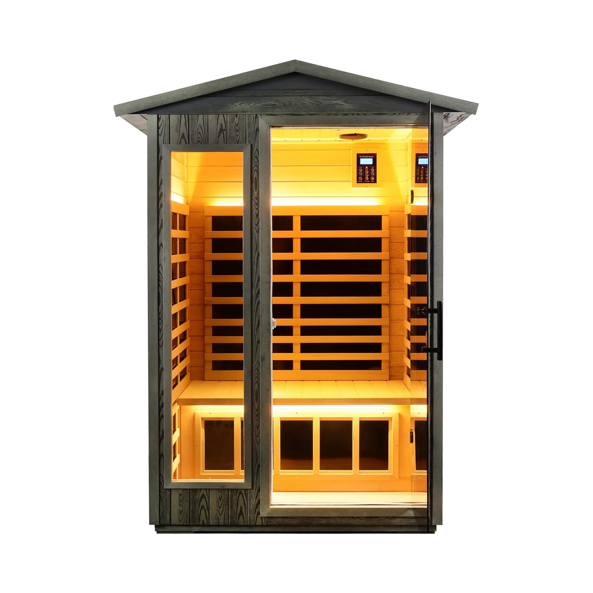 Thermora Riva Premium 2-Person Black Carbonized Walnut Low EMF Far Infrared Outdoor Sauna With Bluetooth Audio And LED Lighting (SAK16850) - The Vitality Estate
