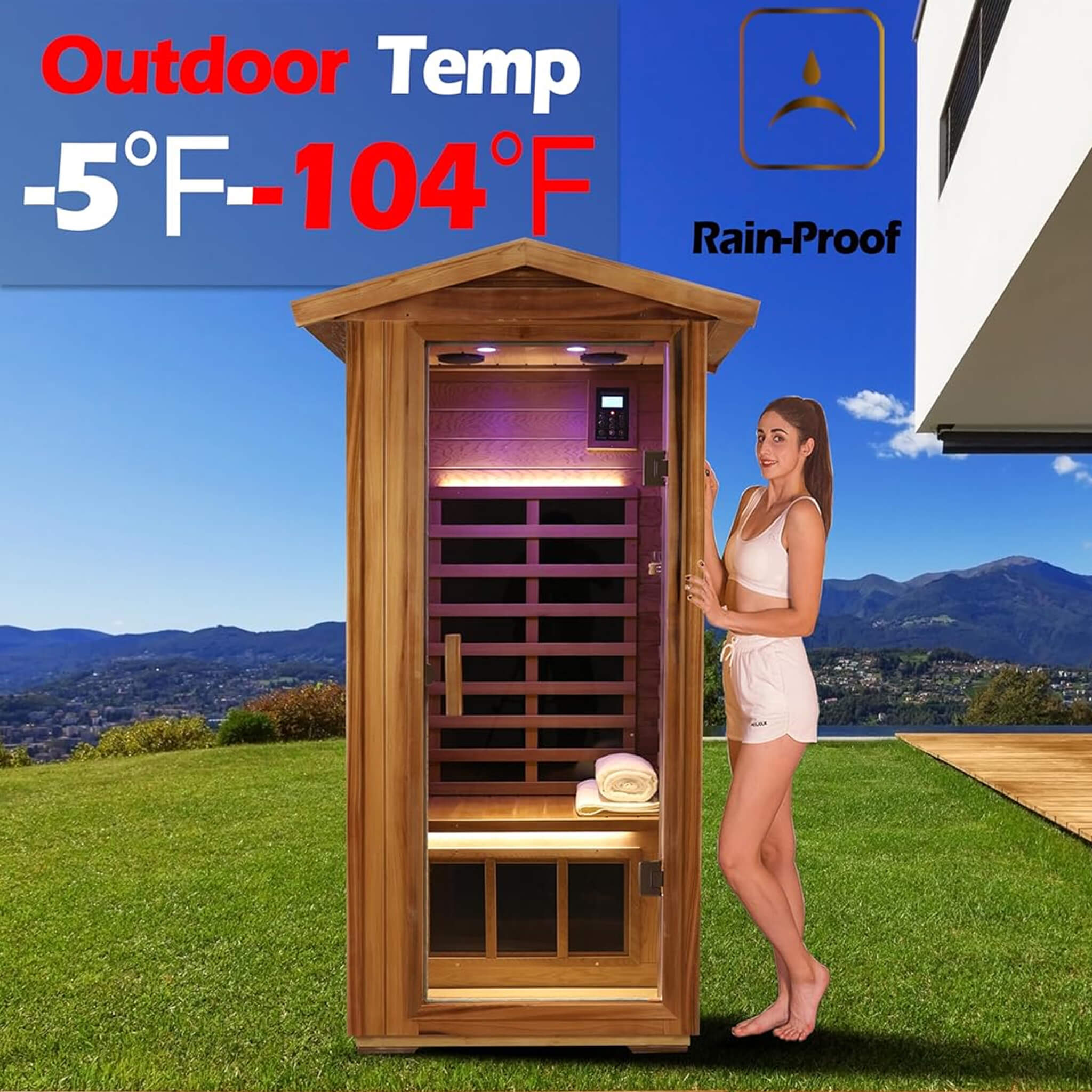 Thermora Xyra Premium 1-Person Outdoor Red Cedar Infrared Sauna With Low EMF, Chromotherapy And Bluetooth (SAK32783) - The Vitality Estate