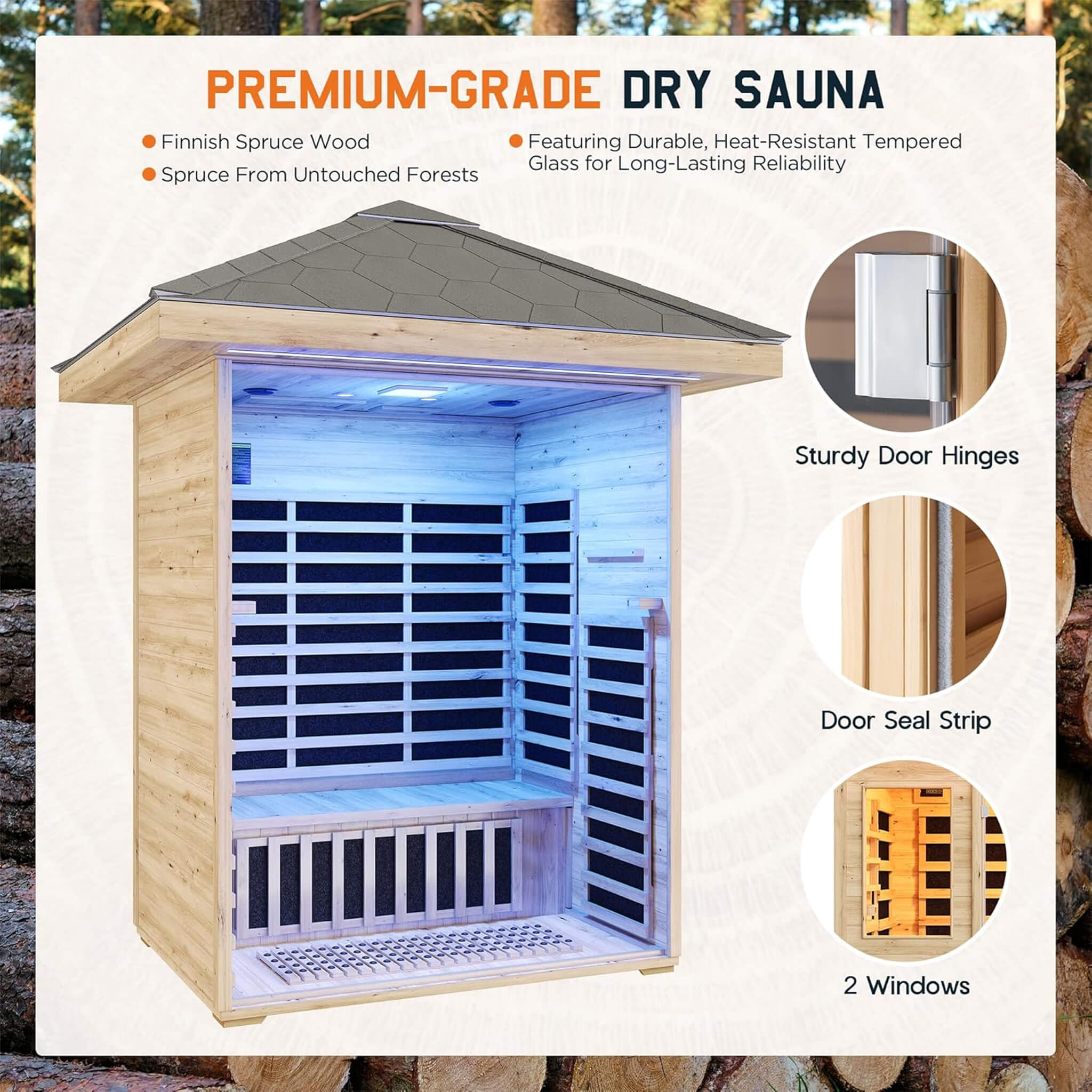 Thermora Zurich 3-Person Low EMF Spruce Wood Outdoor Infrared Sauna With Bluetooth Speakers And LED Lights (SAK59047) - The Vitality Estate