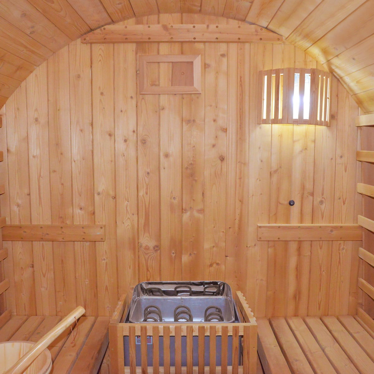 Traditional Cylindrical Stove Double Sauna Room - The Vitality Estate