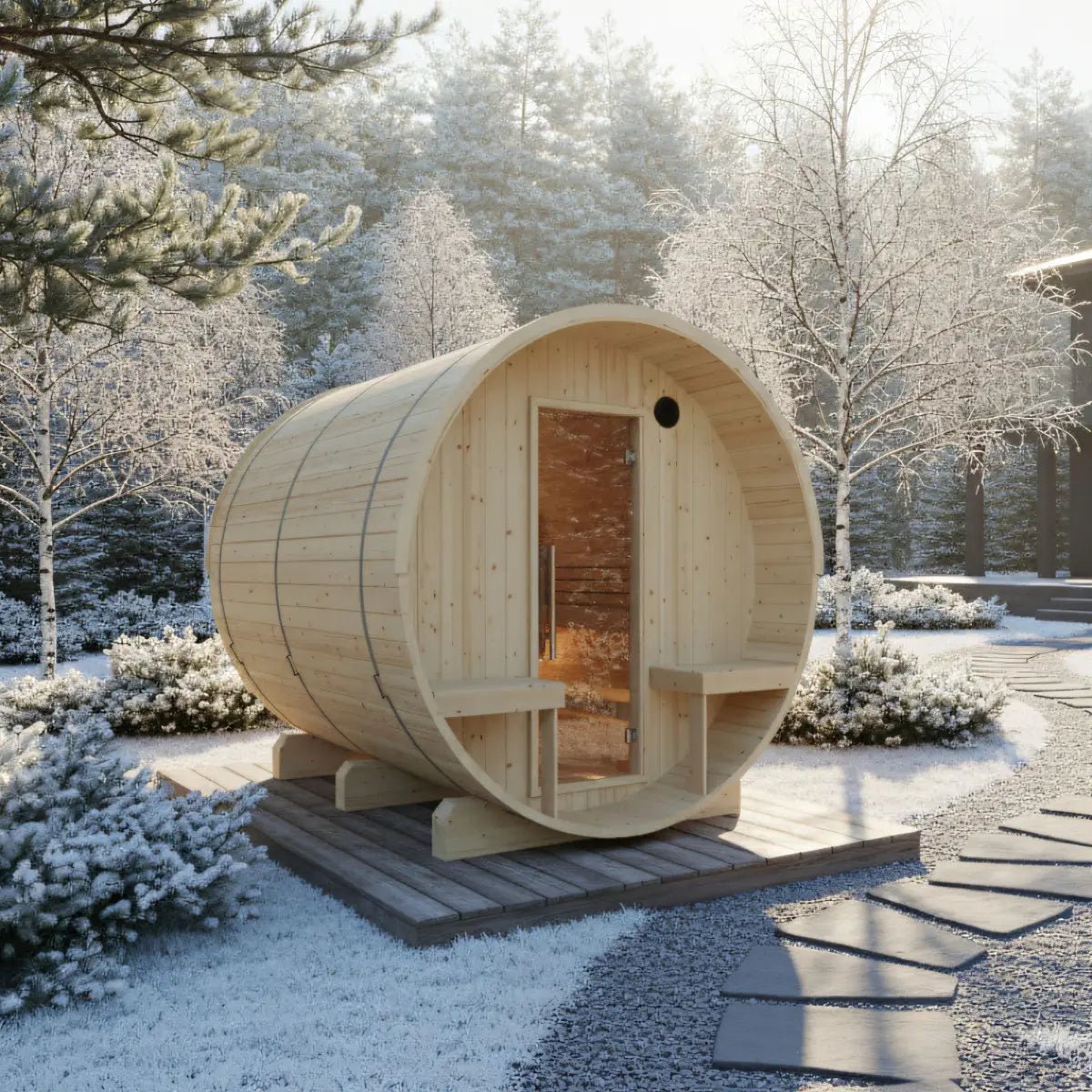 Turku Finnish Barrel Sauna with Terrace and WiFi Heater - Finnish Sauna Builders - The Vitality Estate