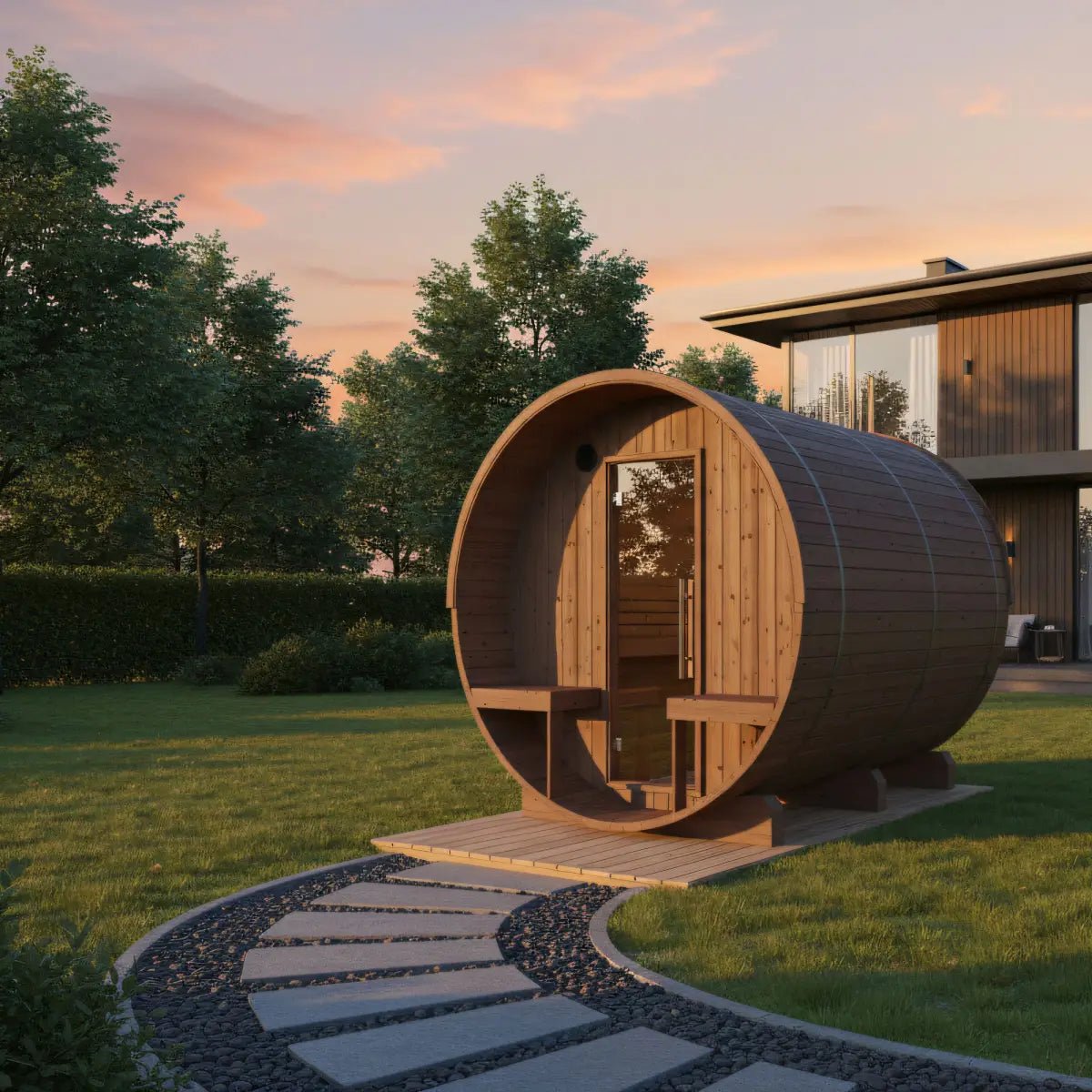 Turku Finnish Barrel Sauna with Terrace and WiFi Heater - Finnish Sauna Builders - The Vitality Estate