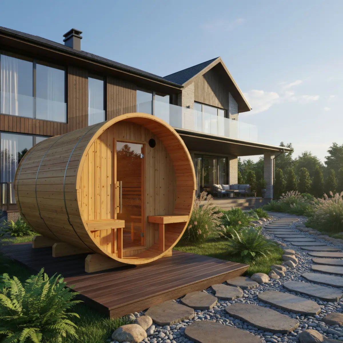Turku Finnish Barrel Sauna with Terrace and WiFi Heater - Finnish Sauna Builders - The Vitality Estate