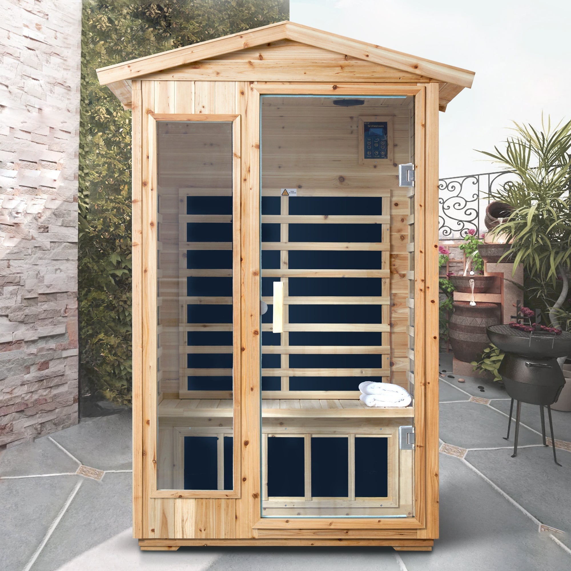 Two Person Far Infrared Old Fir Outdoor Sauna Room with Bluetooth and LED Lighting - The Vitality Estate