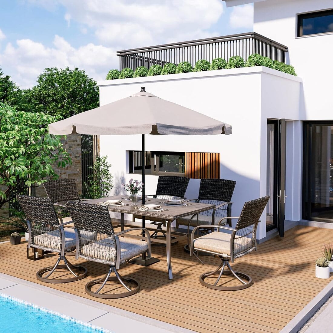 Weave Outdoor Dining Set, 7-Piece, Full Swivel - The Vitality Estate