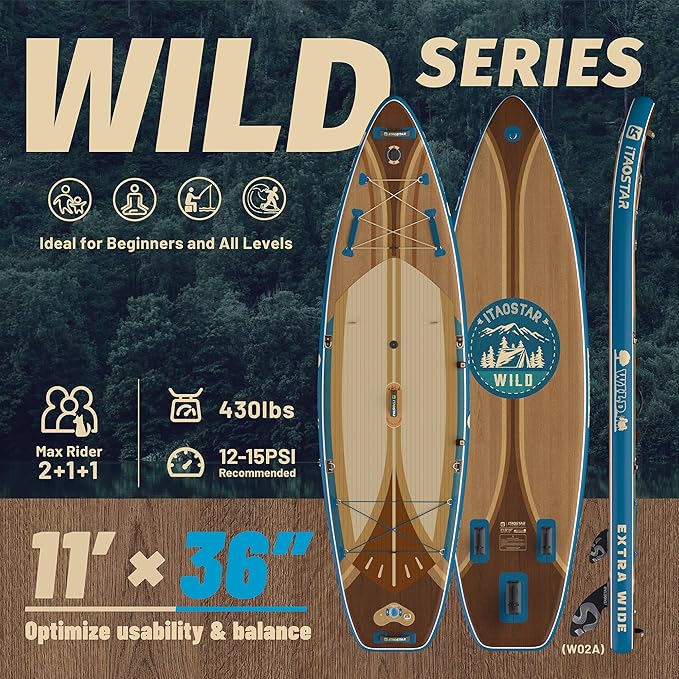 Wild 11'×36"/11'6"×34"/12'6"×33" Inflatable Paddle Board with Seat, One-Stop Premium SUP Board Gears, Tailored 5 Fins, Stable Inflatable Stand Up Paddle Boards for Youth/Adults of All Levels - The Vitality Estate